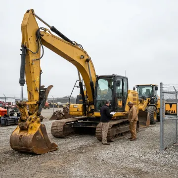 Auction team inspecting heavy machinery before bidding