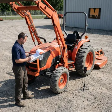 Auction specialist inspecting farm machinery