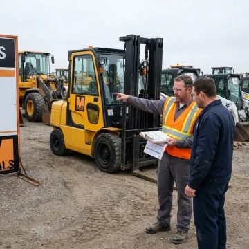 Auction staff coordinating forklift equipment pickup
