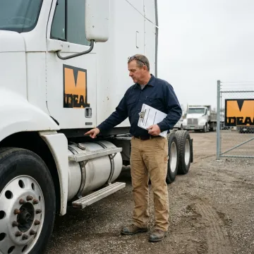 Equipment broker reviewing paperwork and inspecting a heavy truck during the sales process