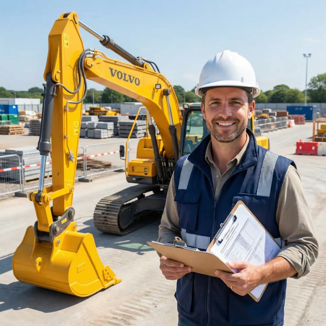 Heavy equipment specialist conducting detailed inspection of construction machinery