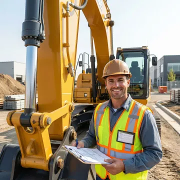 Mining excavator and heavy equipment being inspected by professional appraiser