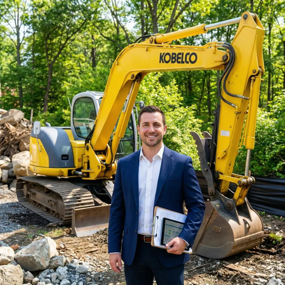 Professional heavy equipment broker examining construction machinery