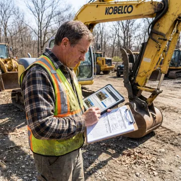 Broker reviewing excavator sale documents