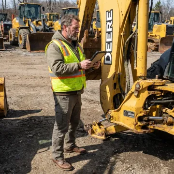 Auction team documenting heavy equipment for sale