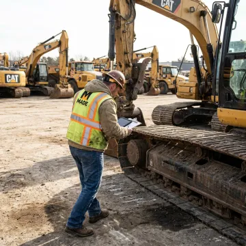 Auction team inspecting heavy equipment before online sale