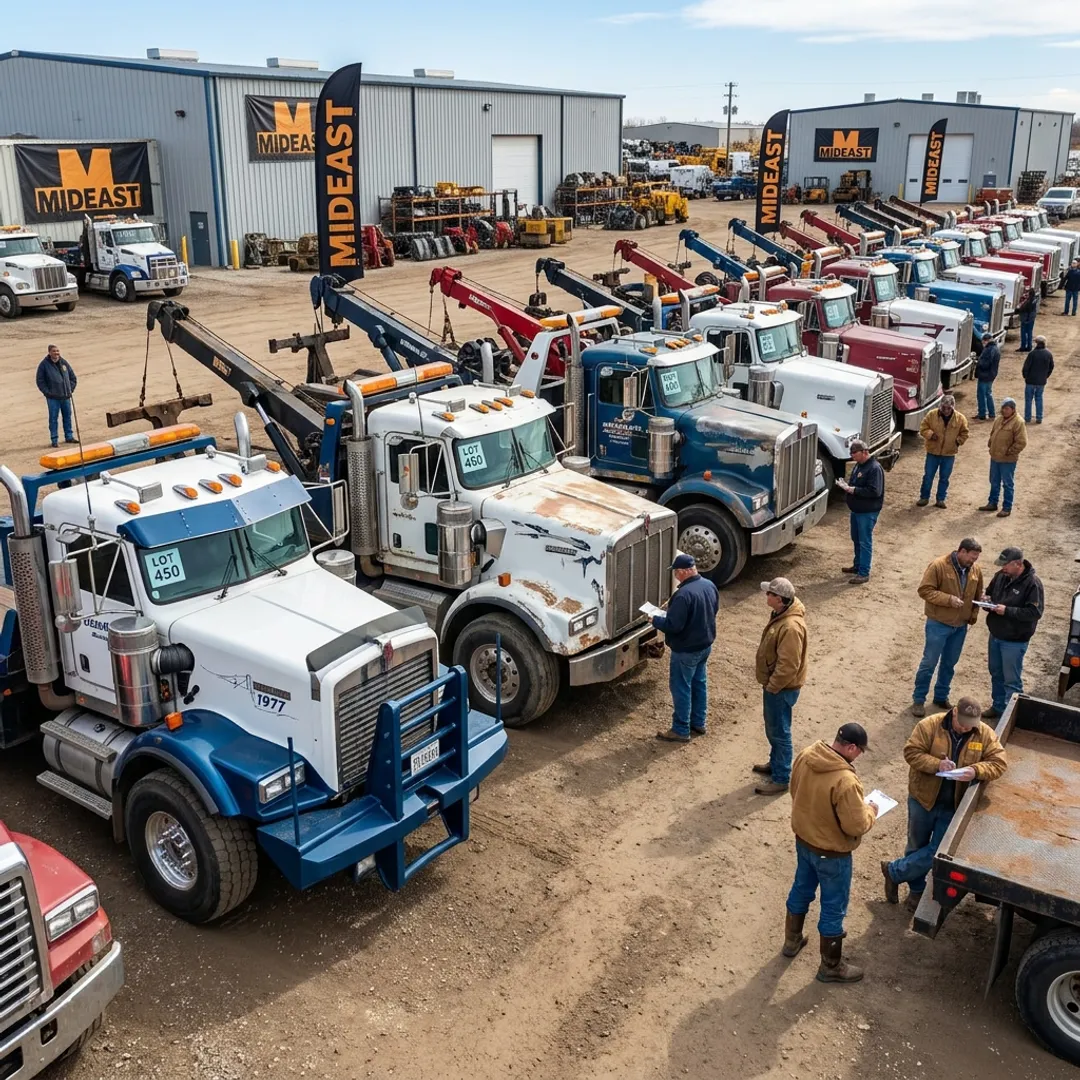 Tow trucks lined up at an equipment auction yard