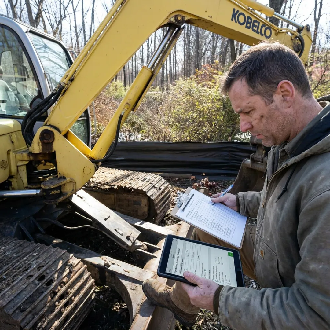 Broker inspecting heavy equipment before auction listing