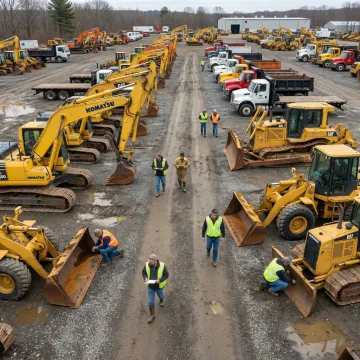 Heavy construction equipment lined up for sale and auction