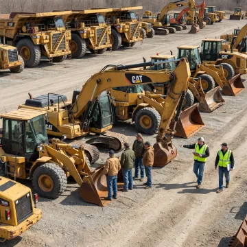 Heavy equipment auction with bidders inspecting surplus machinery