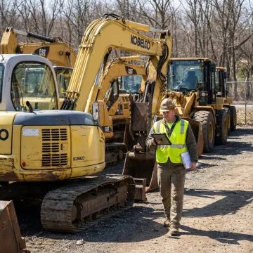 Auction staff documenting heavy equipment before bidding