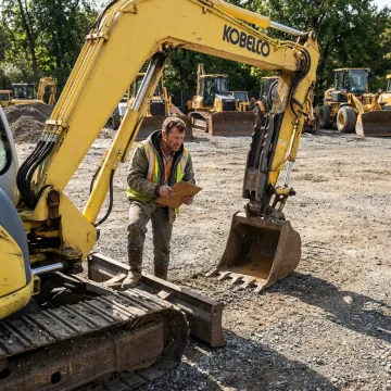 Auction process showing heavy equipment being inspected and listed for sale