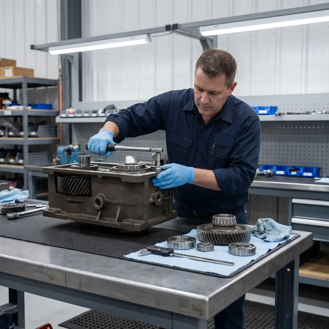 Step-by-step industrial gearbox repair process in professional workshop