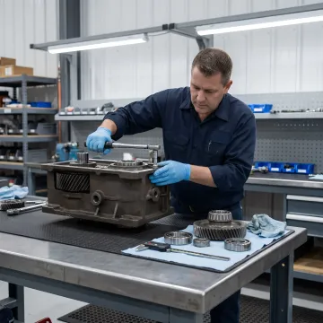 Step-by-step industrial gearbox repair process in professional workshop