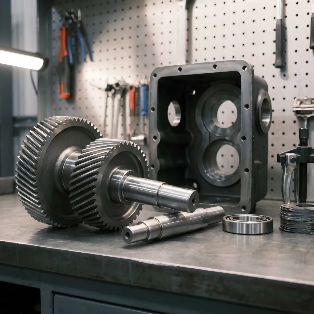 Disassembled Falk gearbox components during professional rebuilding process