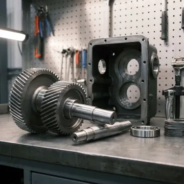 Disassembled Falk gearbox components during professional rebuilding process