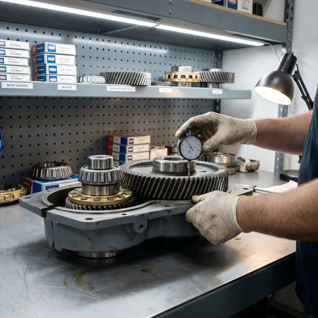 Disassembled Falk gearbox components being inspected and measured for rebuild specifications