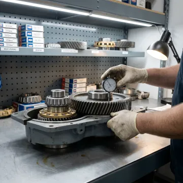 Disassembled Falk gearbox components being inspected and measured for rebuild specifications