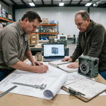 Engineering team designing custom industrial gearbox specifications