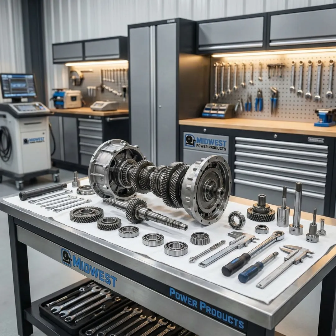 Industrial gearbox repair process showing disassembly, inspection, and rebuilding stages