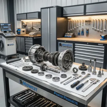 Industrial gearbox repair process showing disassembly, inspection, and rebuilding stages