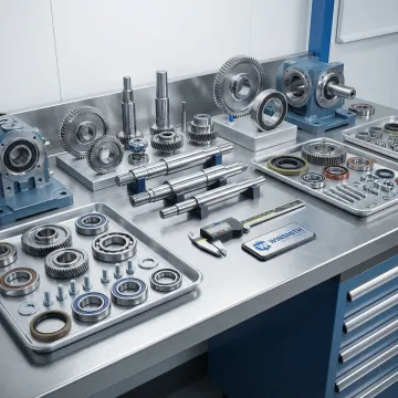 Winsmith gear reducer components and repair parts laid out for service