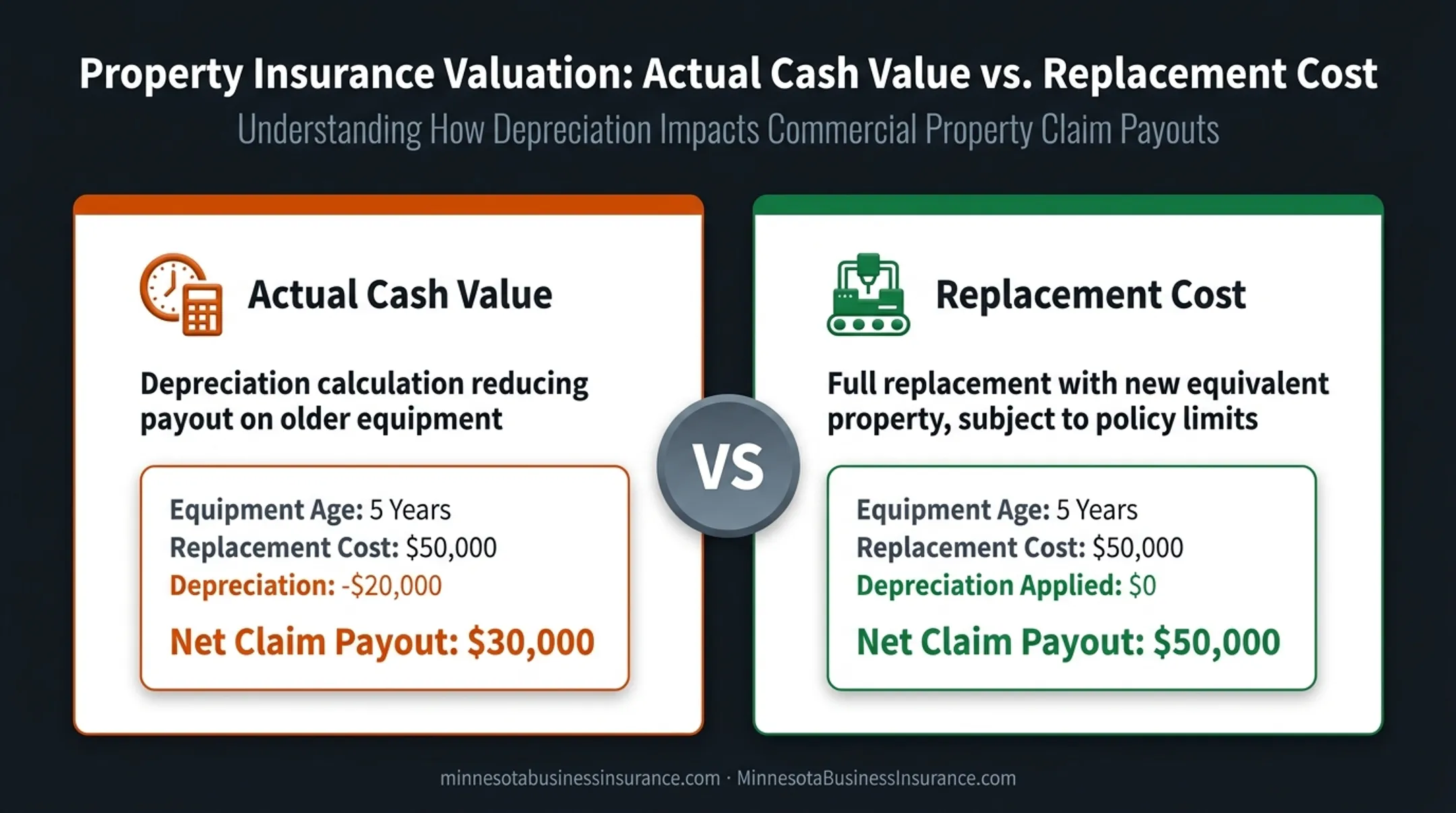 Actual cash value versus replacement cost insurance payout comparison chart