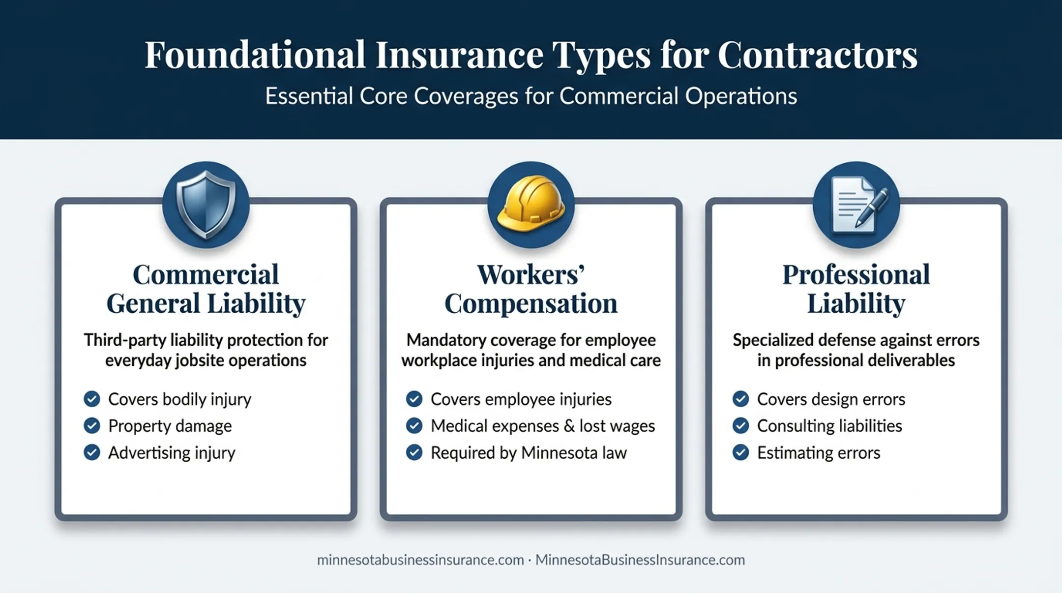 Three foundational contractor insurance types liability workers comp professional coverage