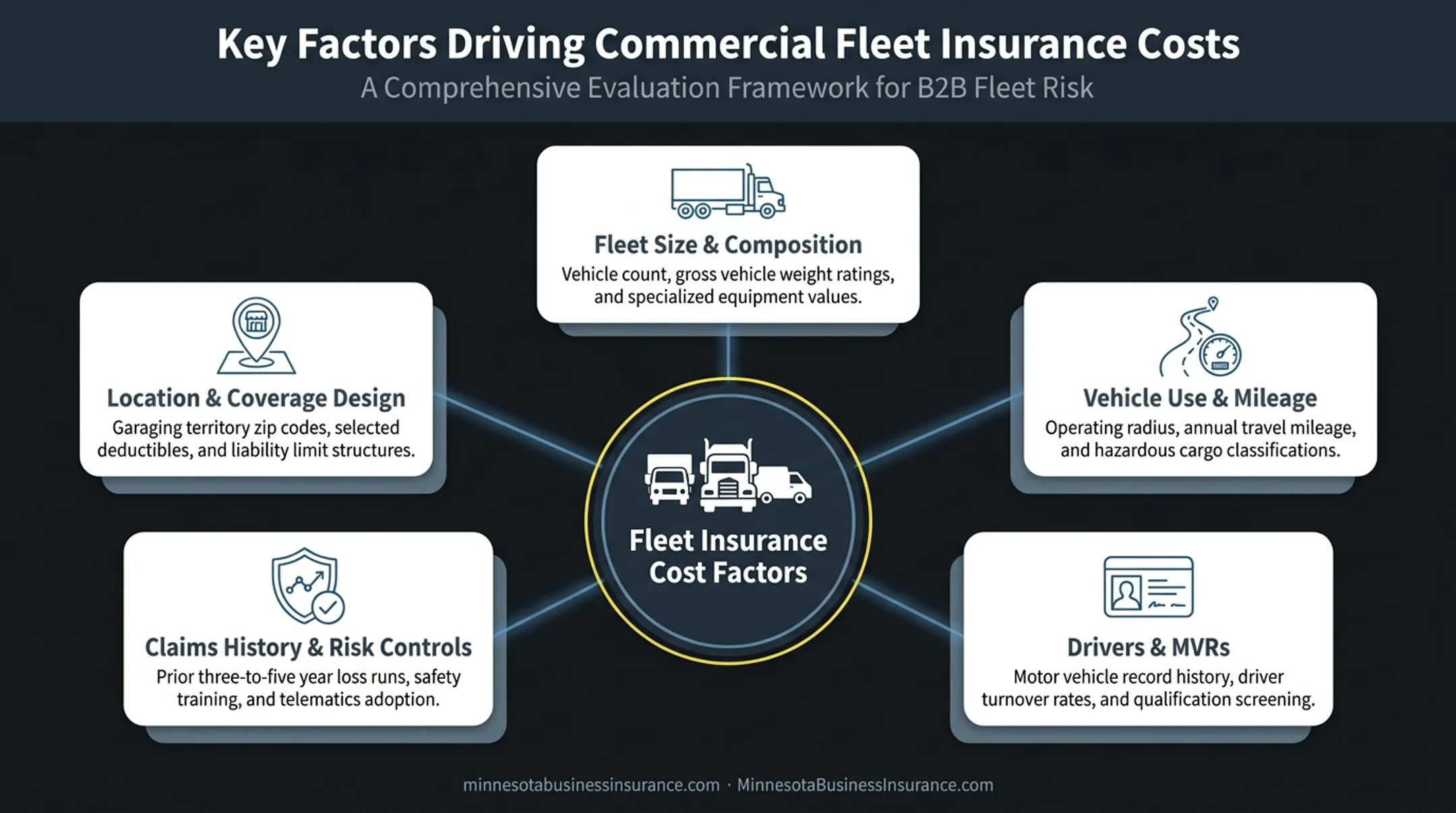Five key factors affecting fleet insurance premiums hub and spoke diagram