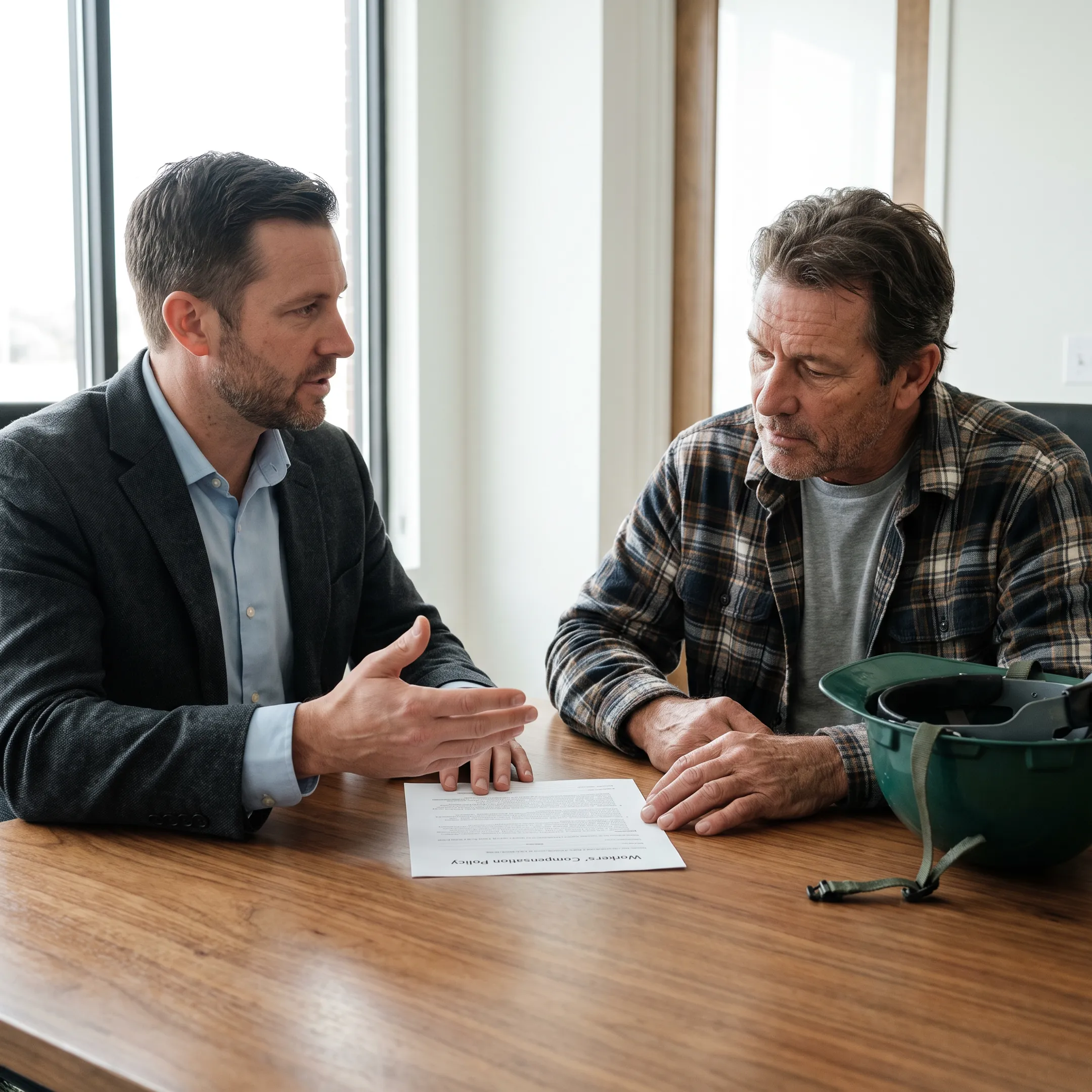 Insurance agent reviewing workers compensation policy with a commercial client