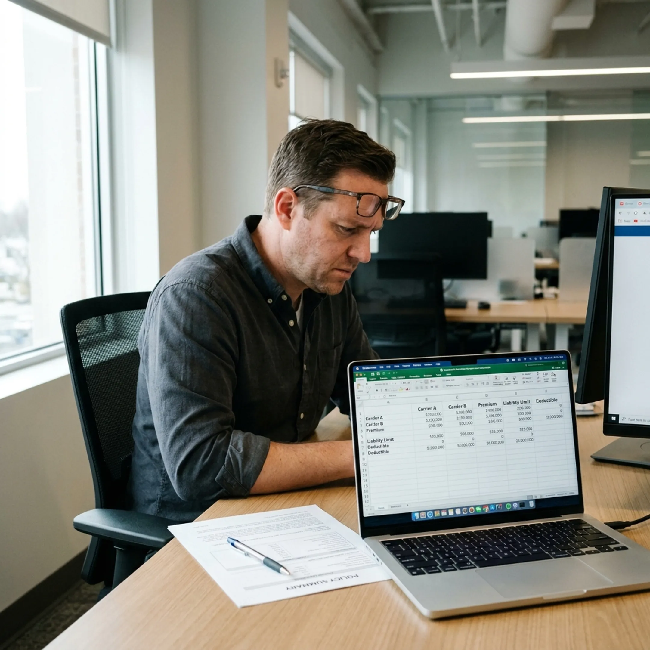 Business professional analyzing workers compensation carrier options on a laptop