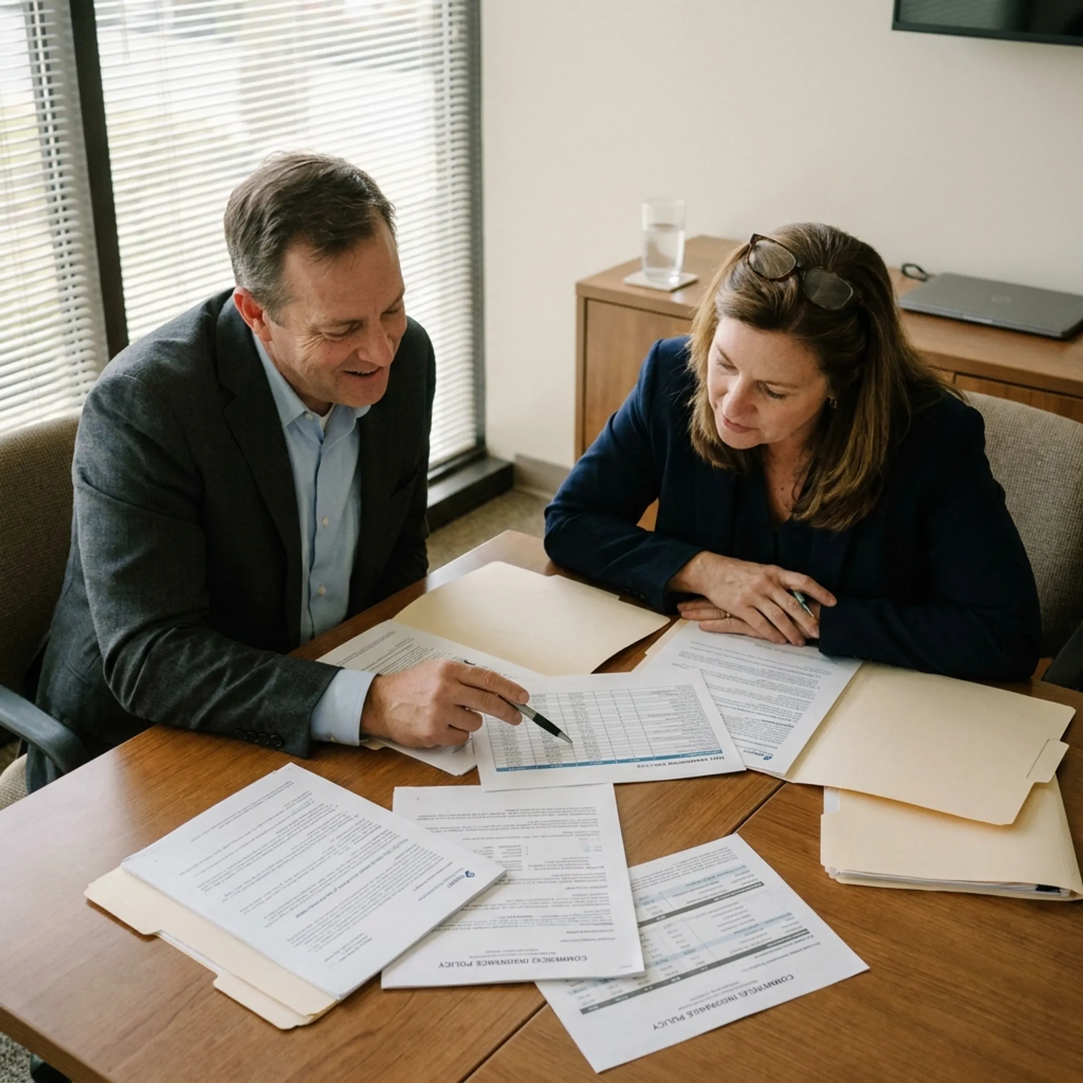 Commercial insurance agent reviewing workers compensation policy documents with a business client