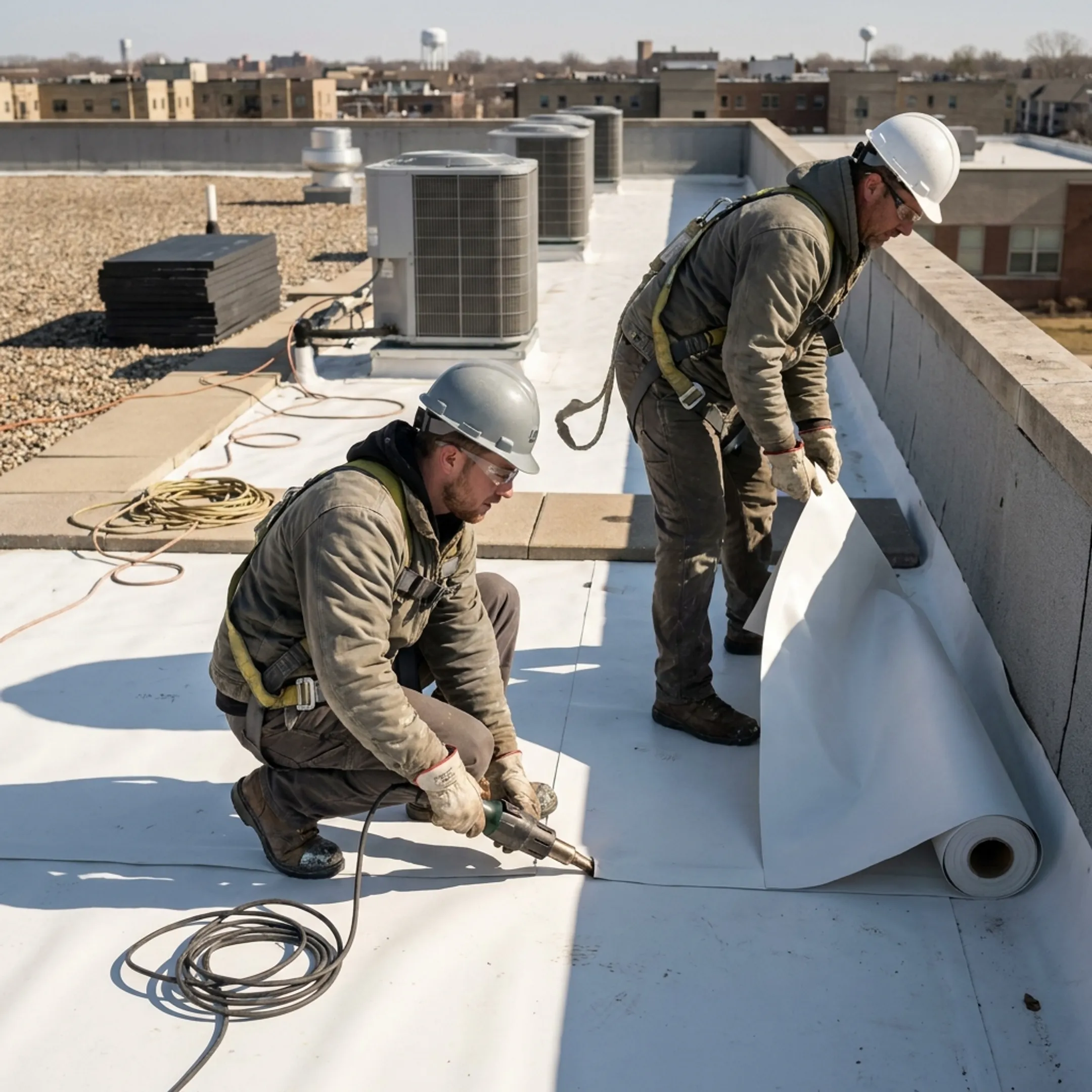 Commercial roofing crew working safely on a building rooftop