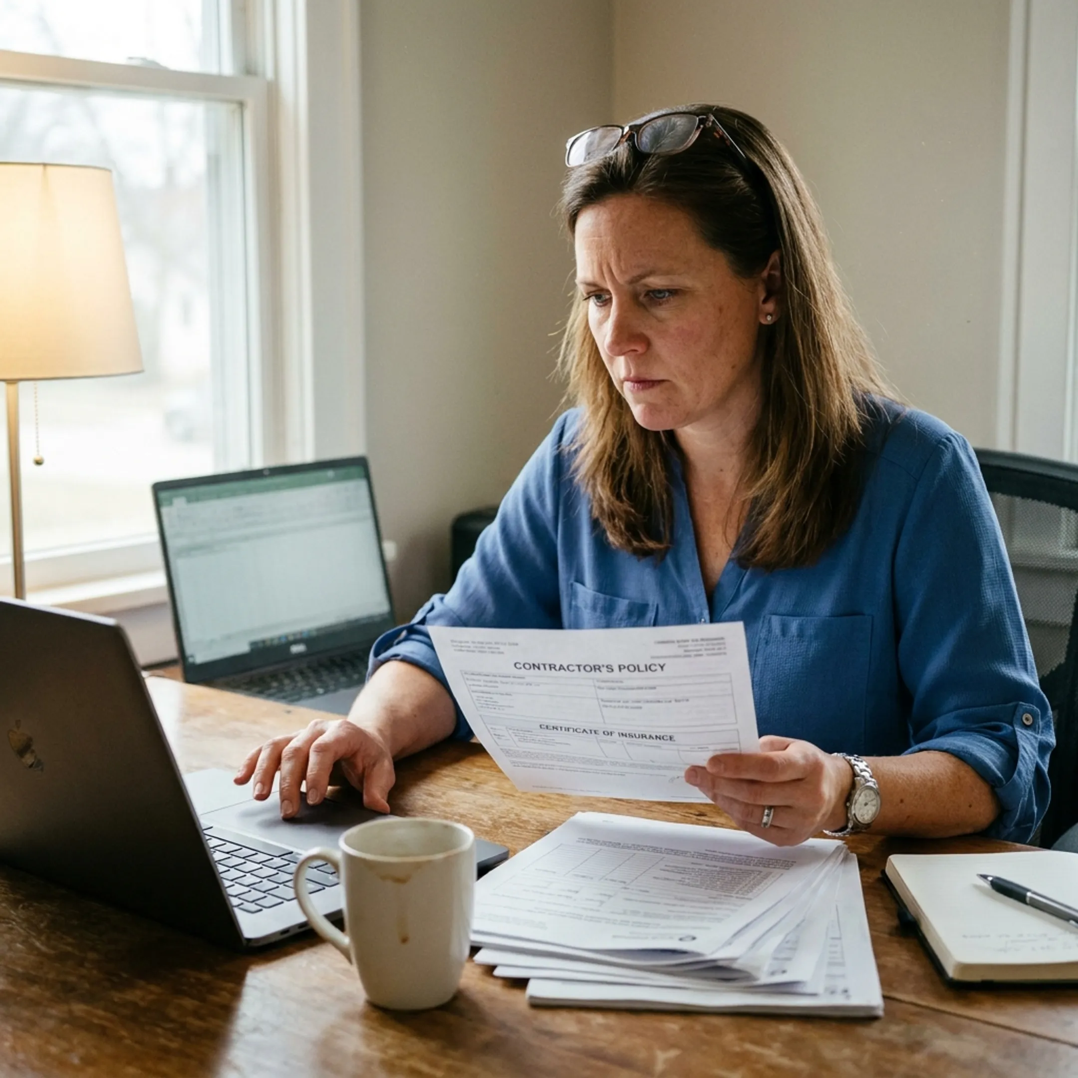 Insurance advisor reviewing commercial contractor coverage documents