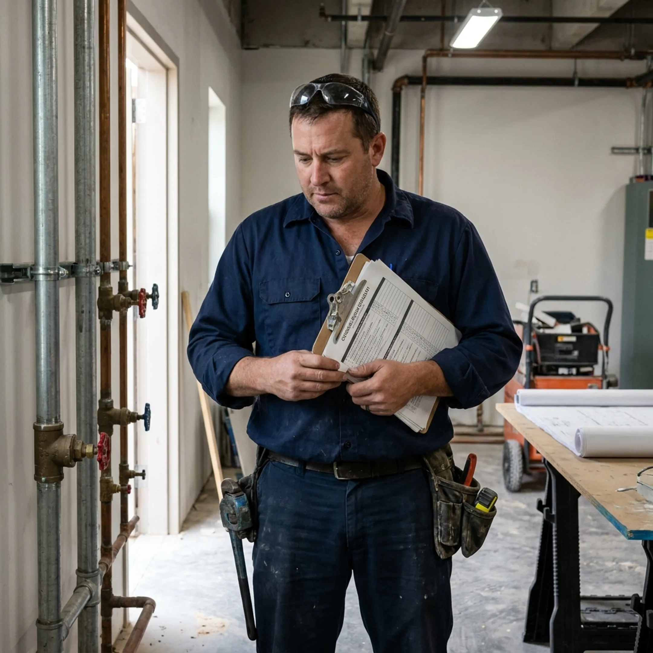Plumbing contractor reviewing blueprints and insurance documents on a jobsite.