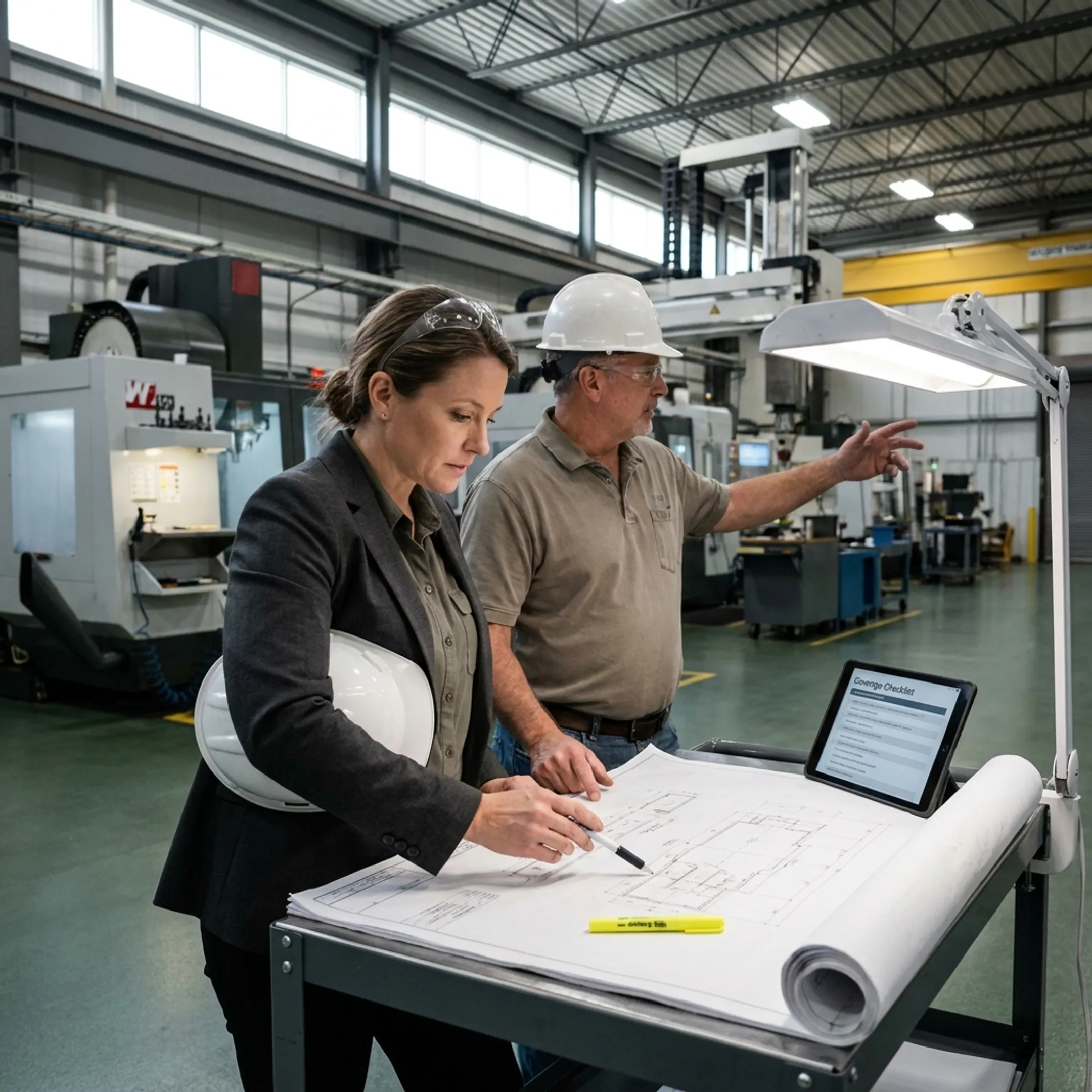 Commercial insurance specialist reviewing manufacturing operations and equipment policies