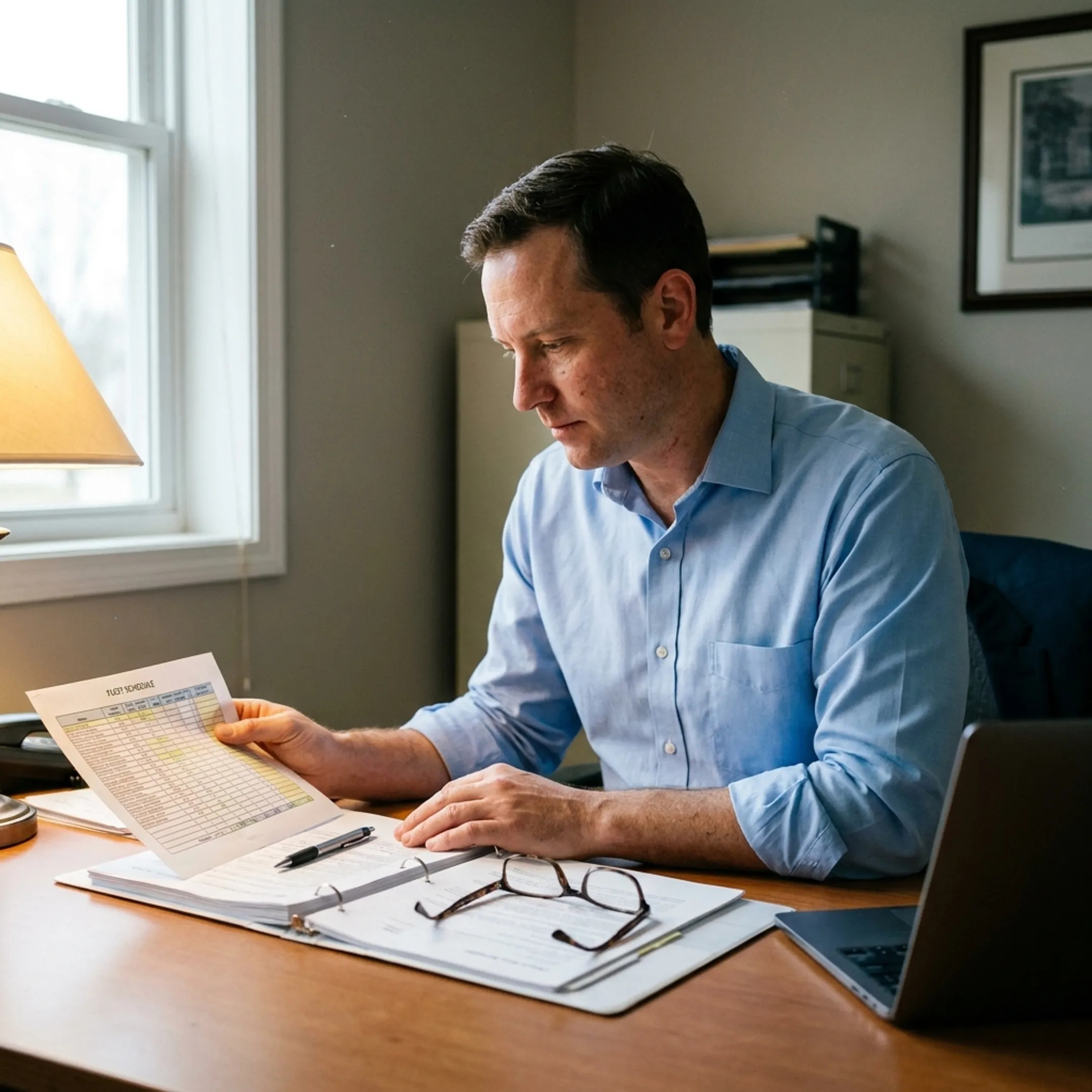 Insurance advisor reviewing commercial trucking policy documents and a fleet schedule