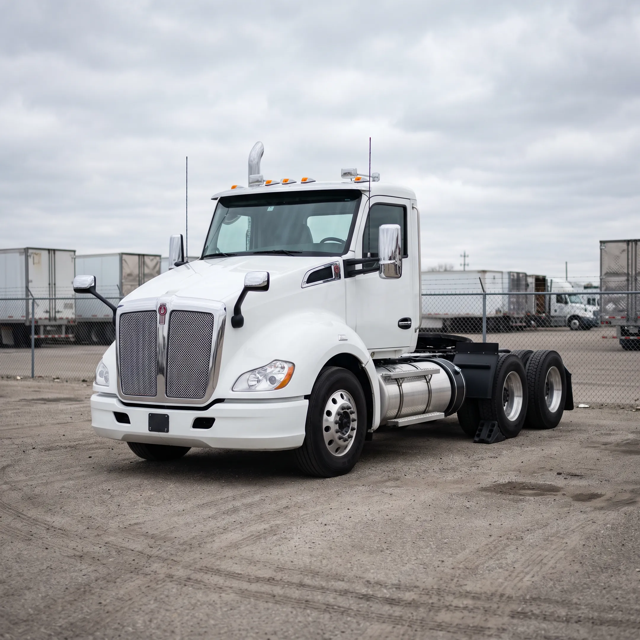 Commercial semi-truck parked in transport depot ready for freight hauling