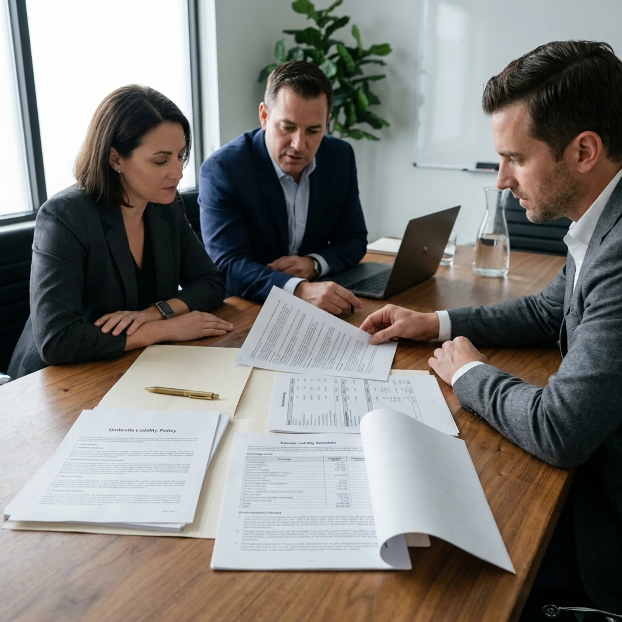 Commercial business executives reviewing liability insurance documentation in an office setting