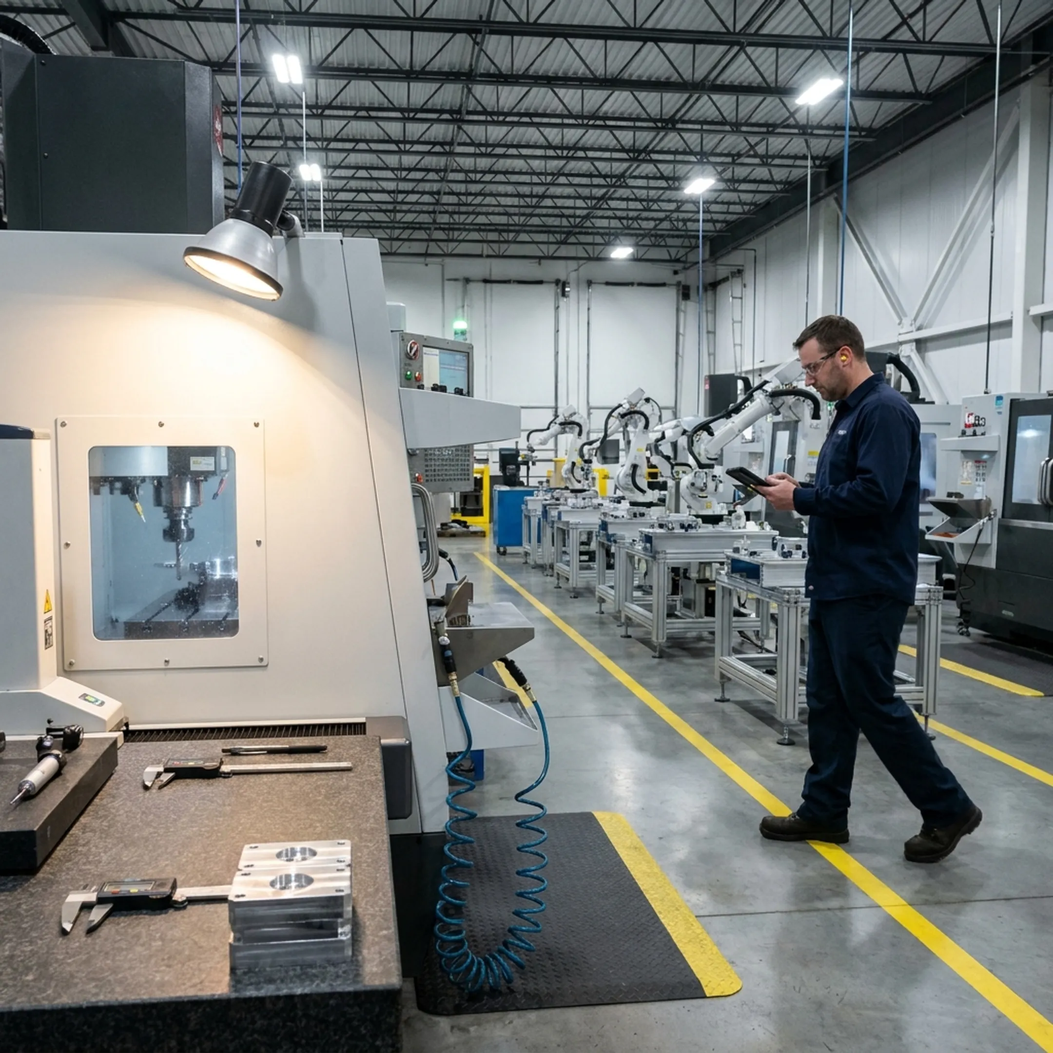 Industrial manufacturing plant with automated machinery and technical operators overseeing production
