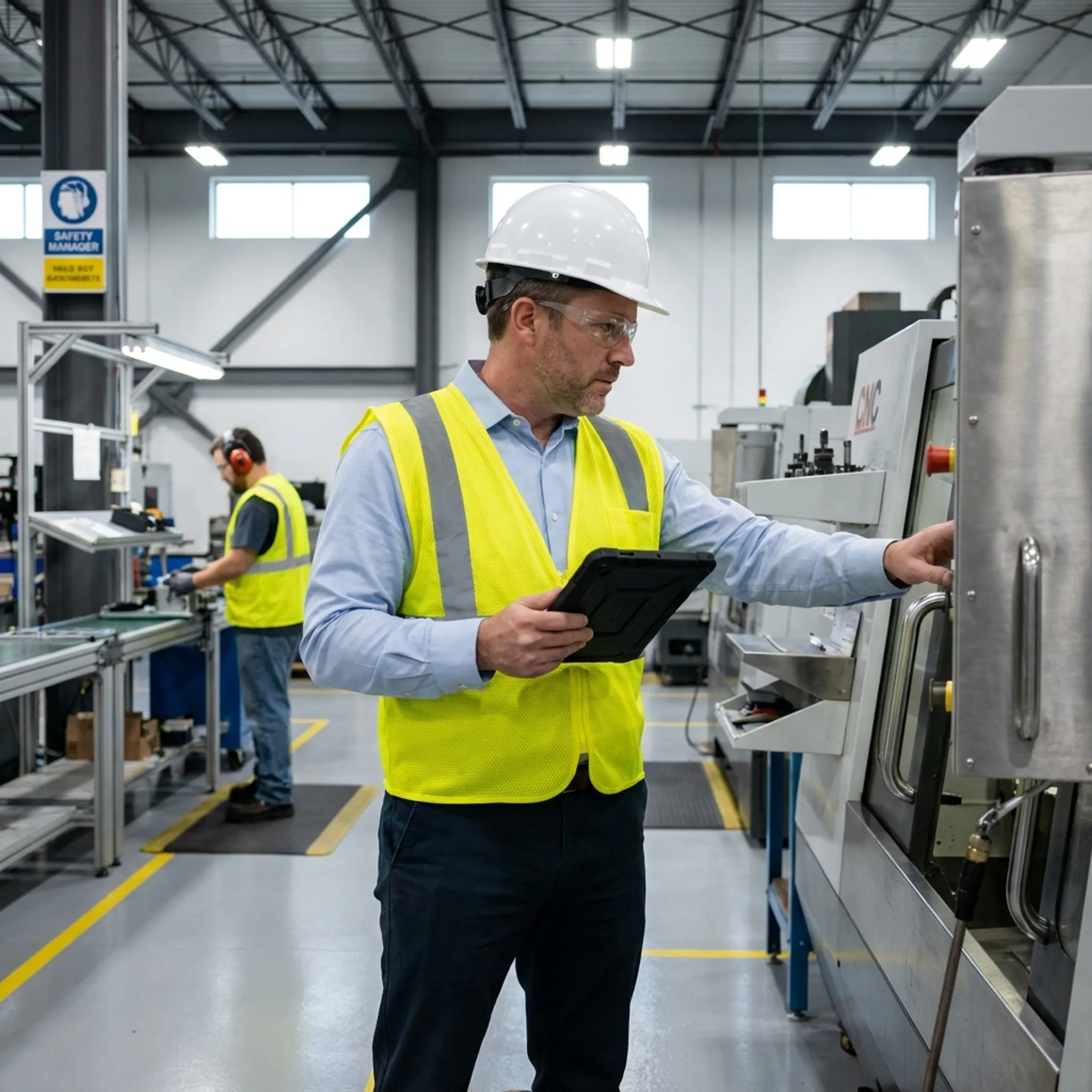 Manufacturing facility supervisor reviewing industrial equipment and safety protocols on the production floor