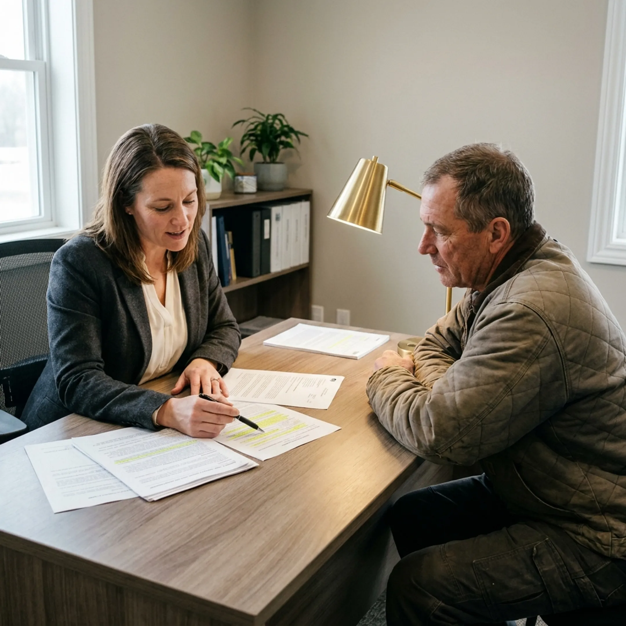 Insurance advisor reviewing commercial contractor policy documents with a business owner