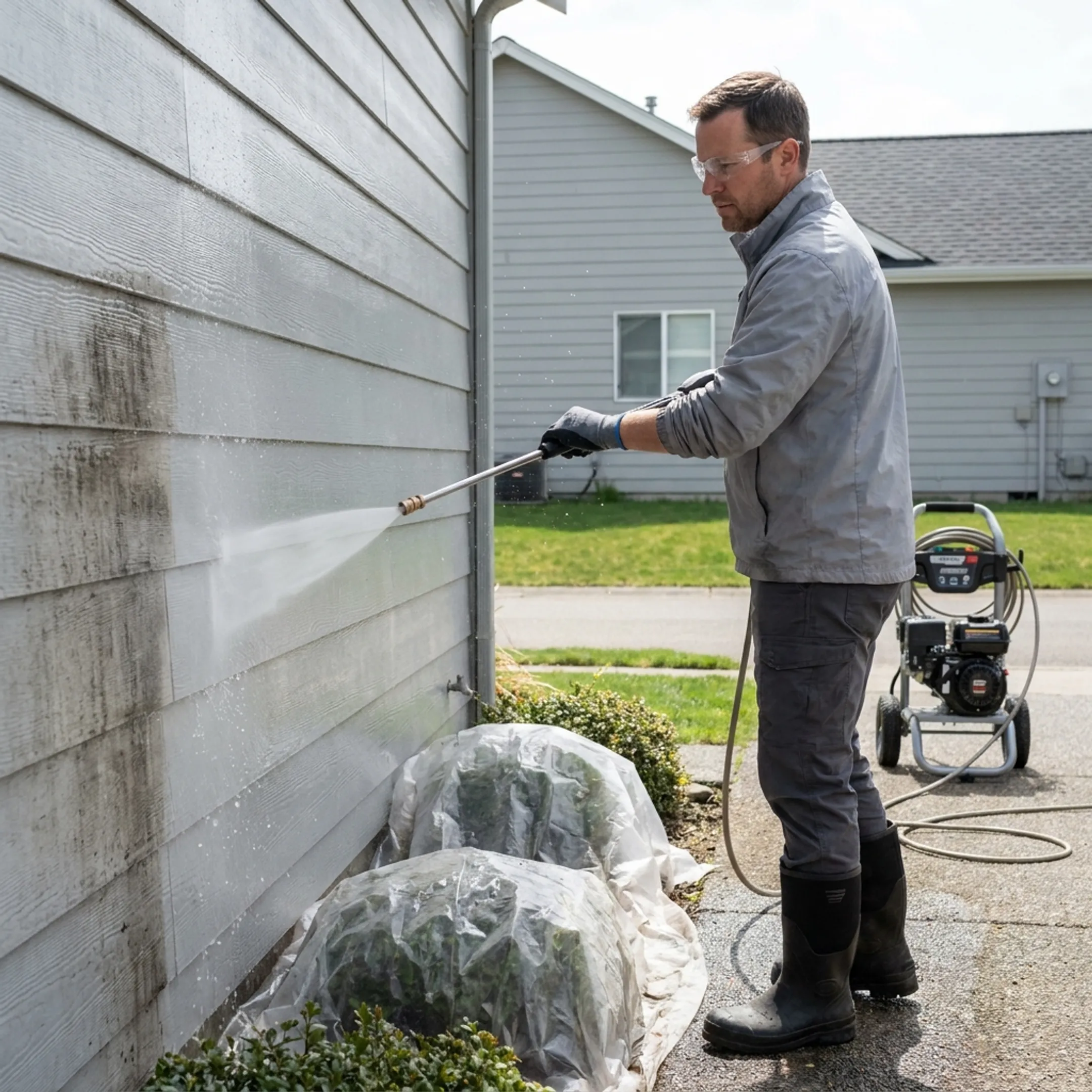Professional pressure washing technician cleaning exterior siding with commercial spray equipment