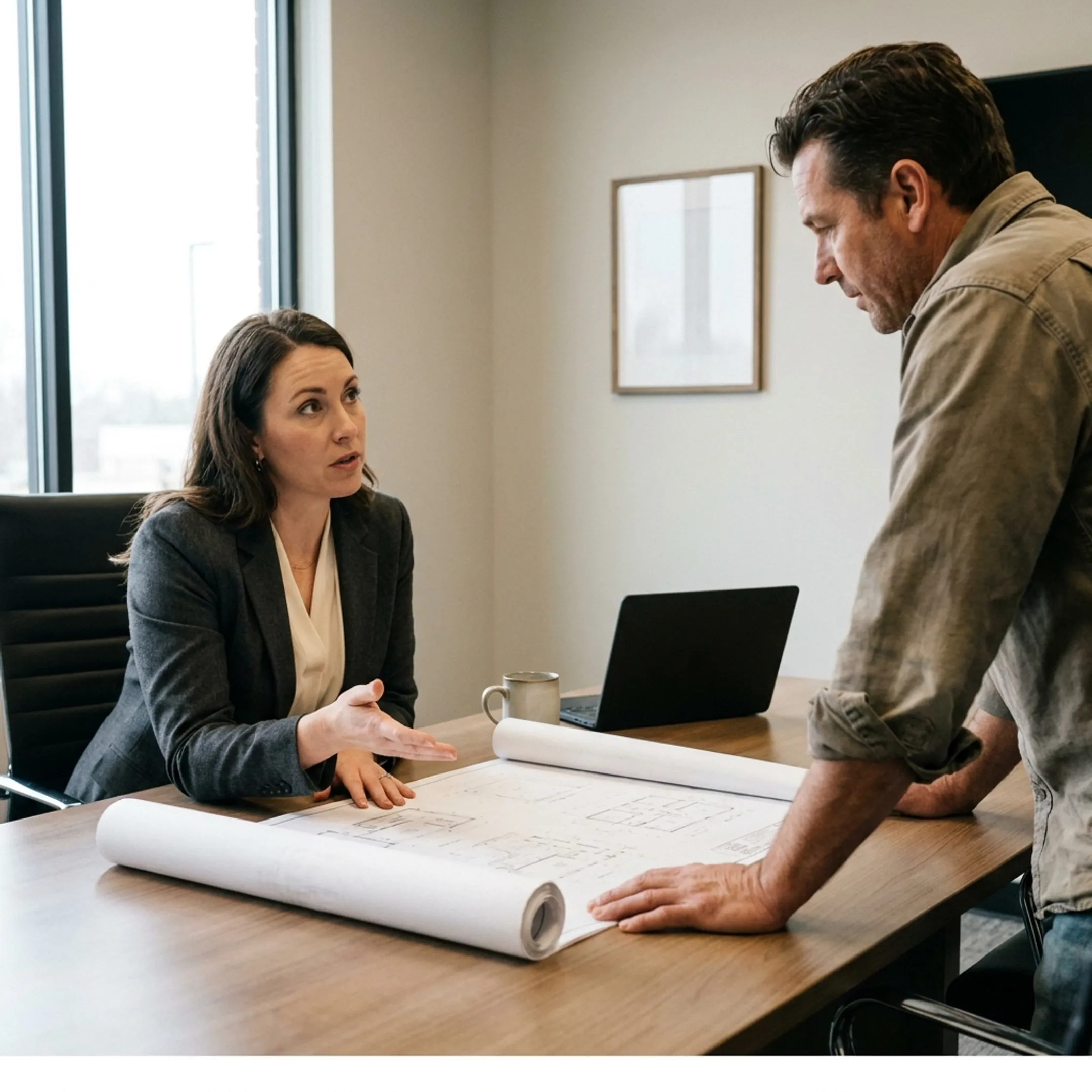 Insurance agent discussing professional liability coverage options with a construction manager