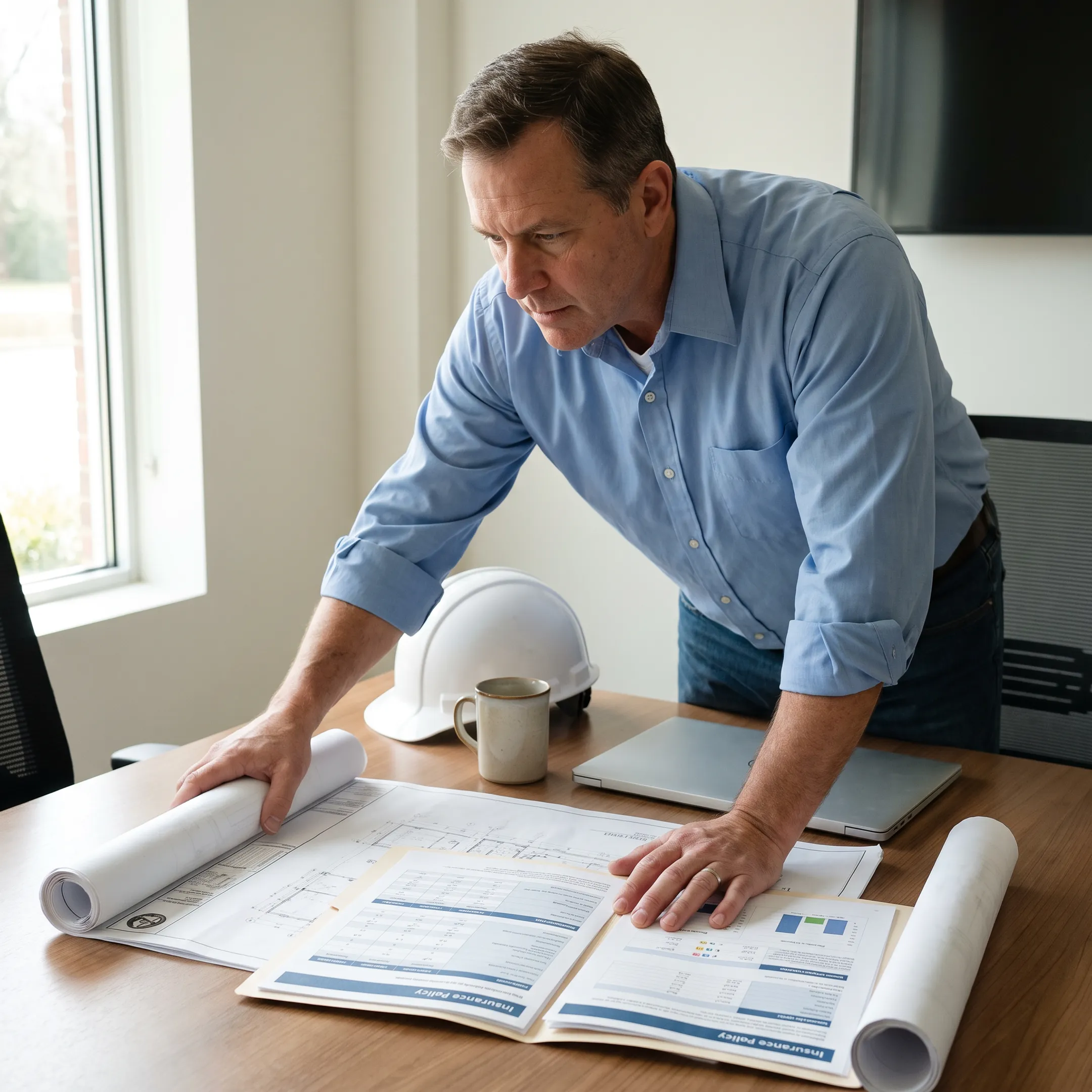 Contractor reviewing project plans and commercial liability insurance documents