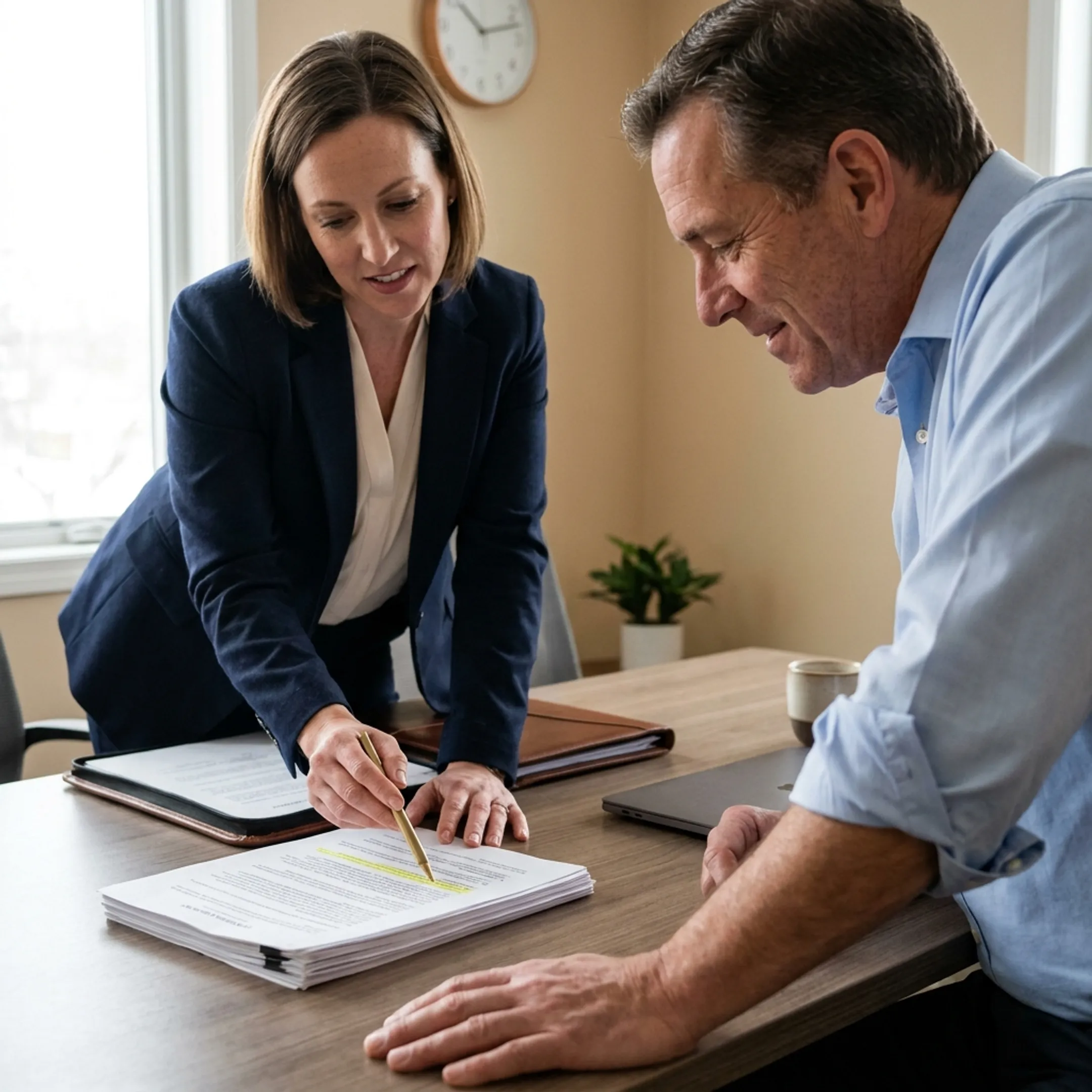 Professional business consultant reviewing insurance coverage details with a small business client