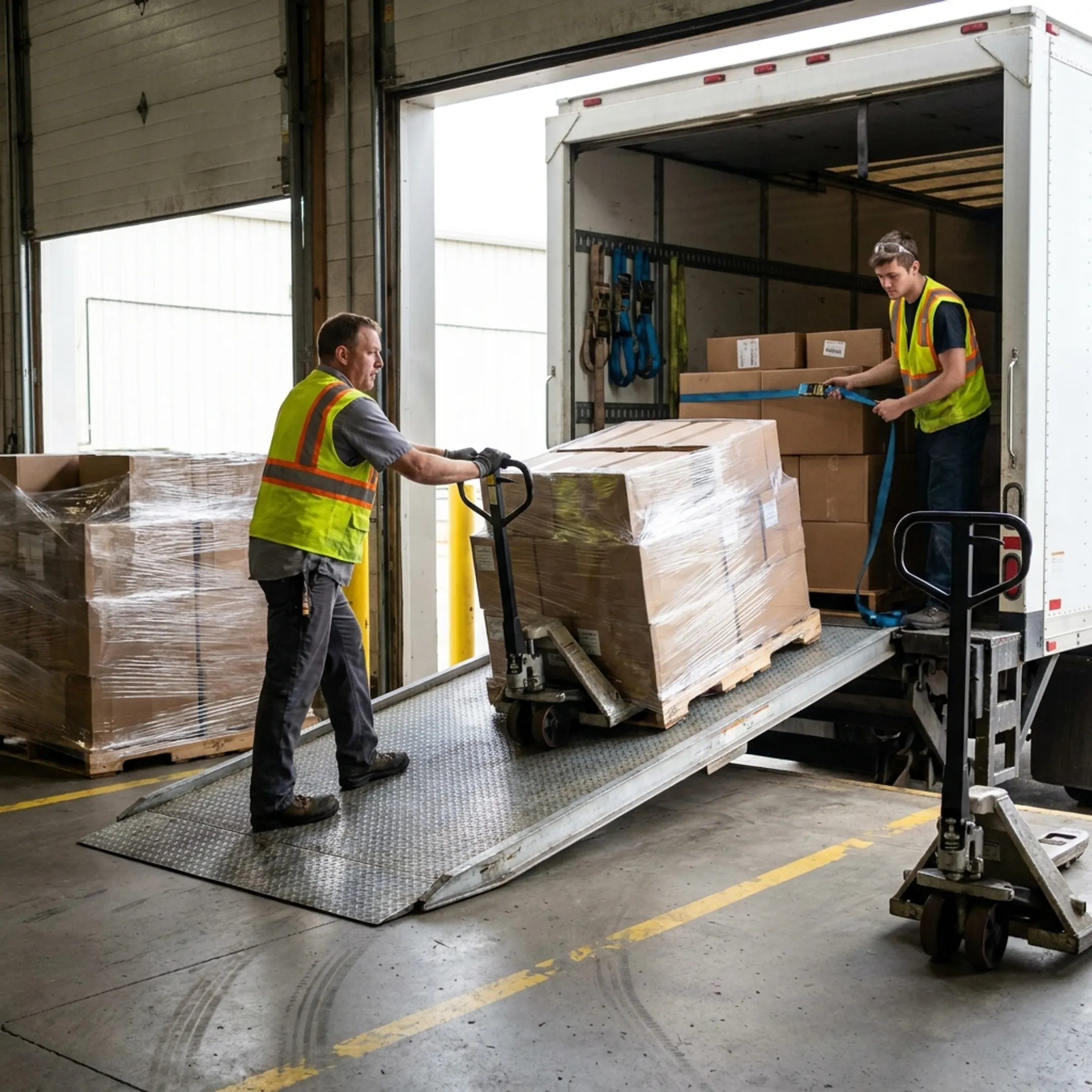 Warehouse workers loading freight pallets into a transport vehicle securely