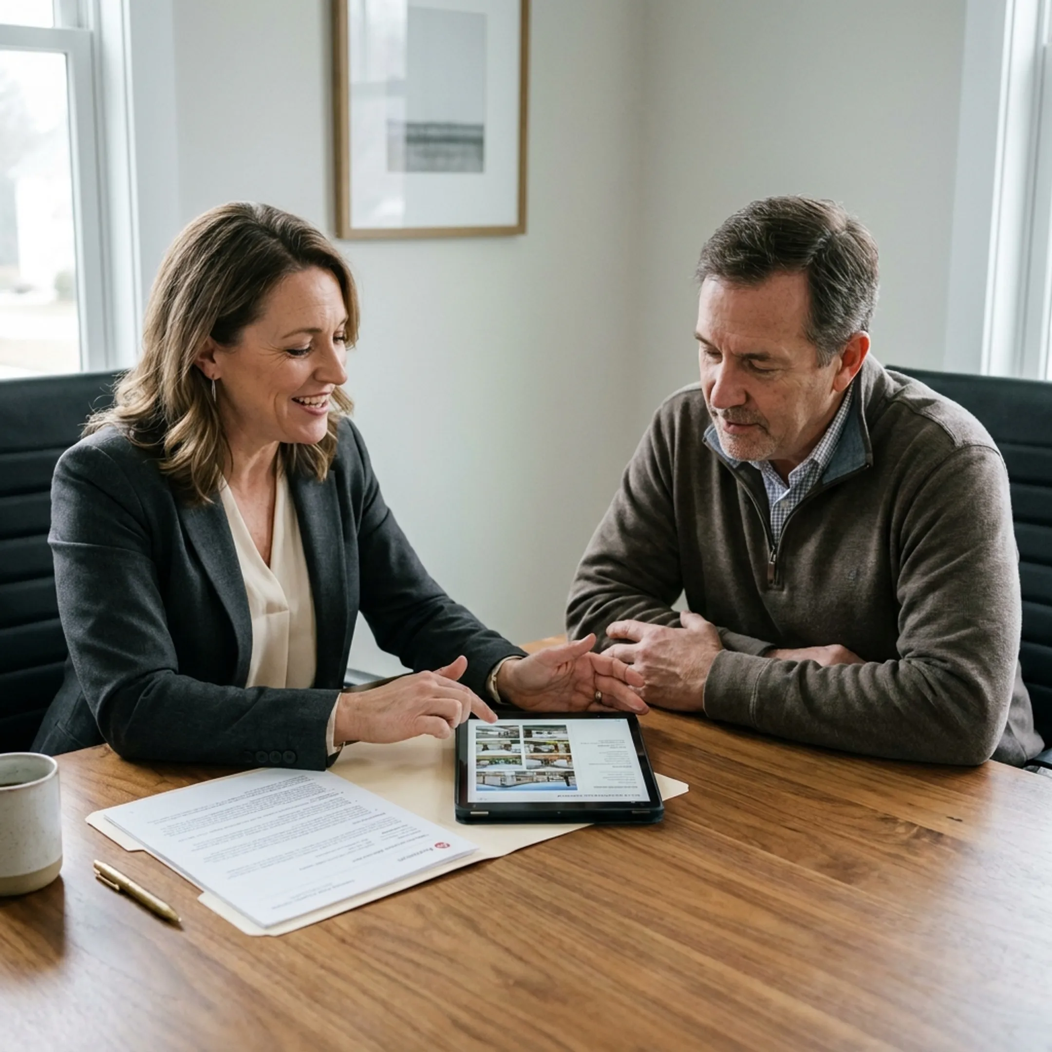 Independent insurance advisor reviewing commercial property coverage documents