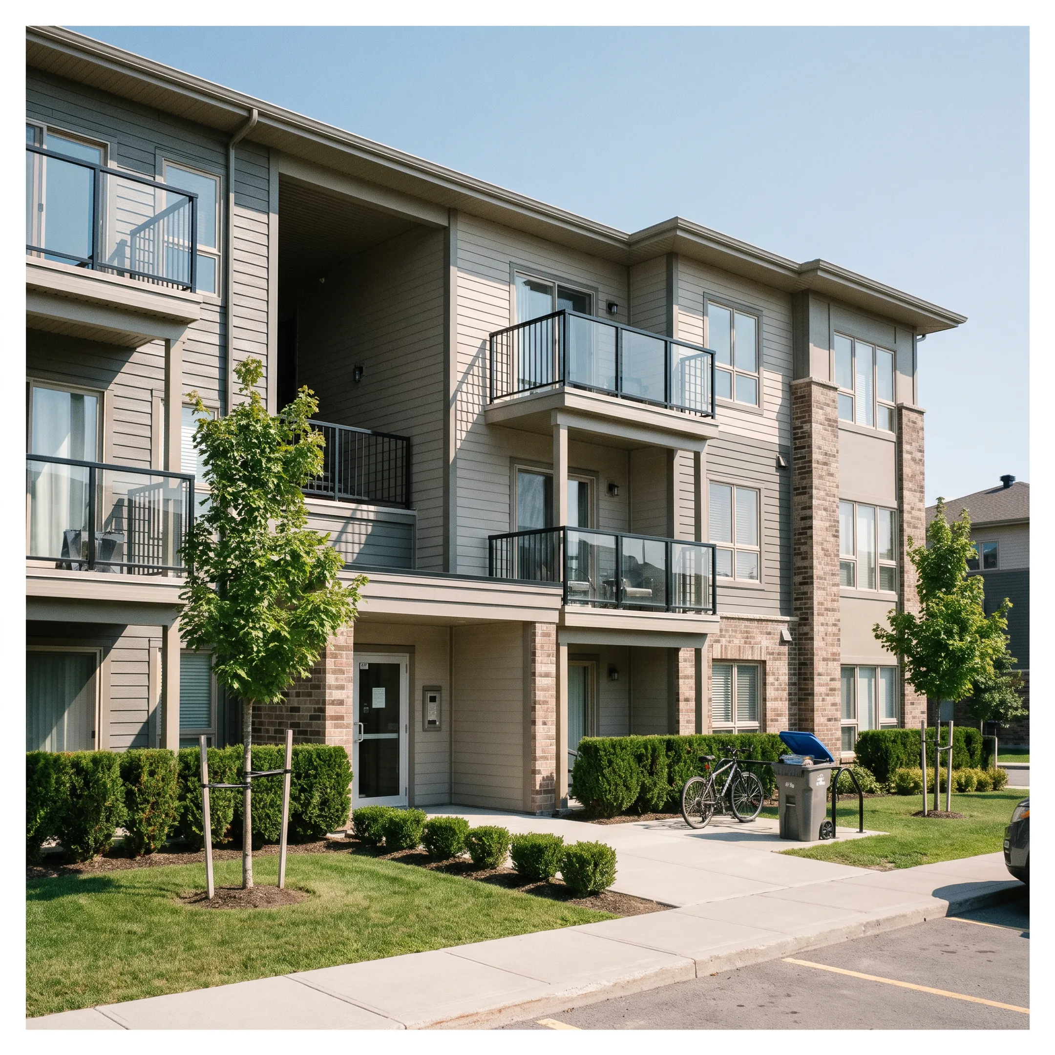 Modern multi-unit rental residential building under clear skies