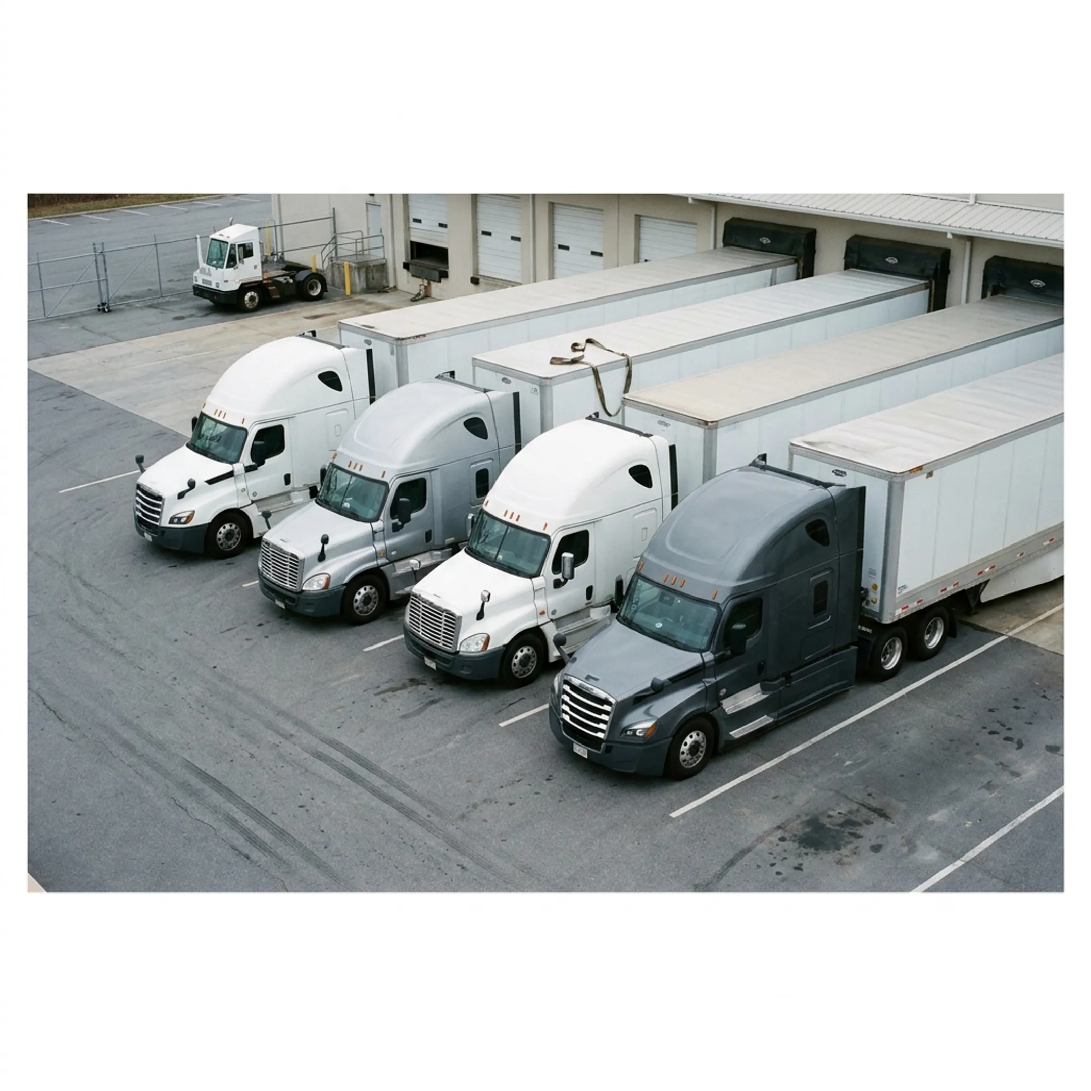 Fleet of commercial transport trucks parked in an industrial freight terminal